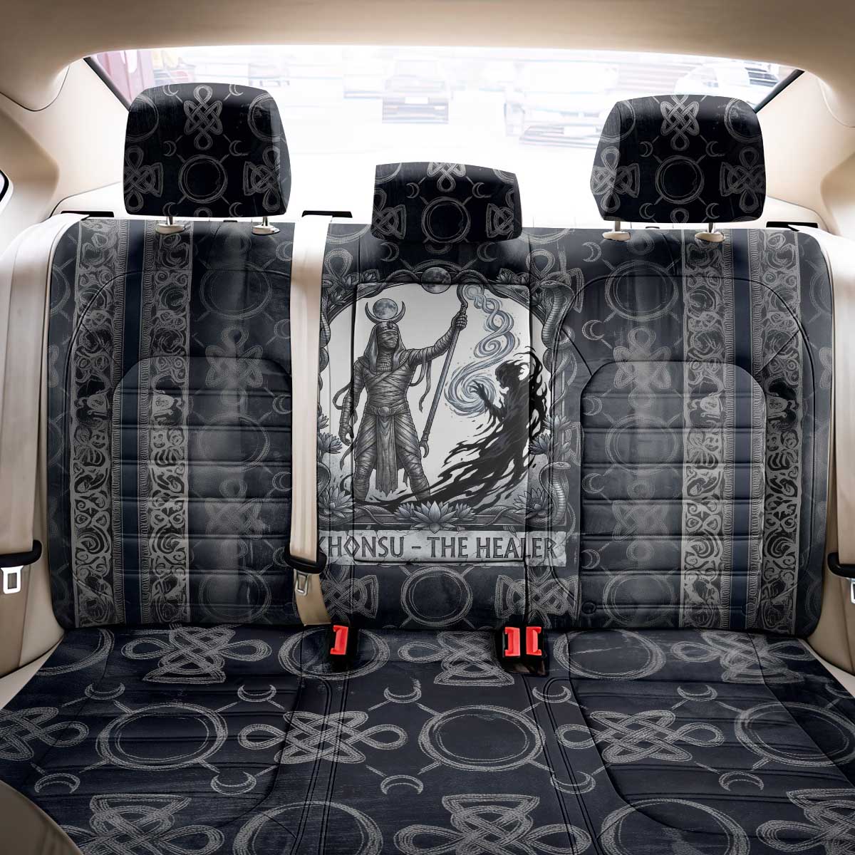 Khonsu Ancient Egyptian Back Car Seat Cover with Dark Celtic Knot Pattern, Baboon Guardian Symbol, and Moon Healer Motif - Wonder Print Shop