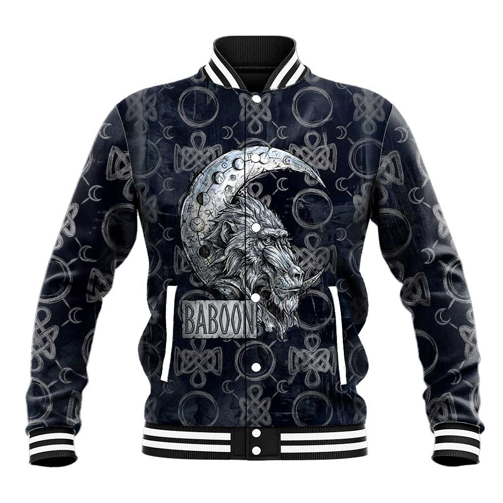 Khonsu Ancient Egyptian Baseball Jacket with Dark Celtic Knot Pattern, Baboon Guardian Symbol, and Moon Healer Motif - Wonder Print Shop