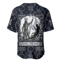 Khonsu Ancient Egyptian Baseball Jersey with Dark Celtic Knot Pattern, Baboon Guardian Symbol, and Moon Healer Motif - Wonder Print Shop