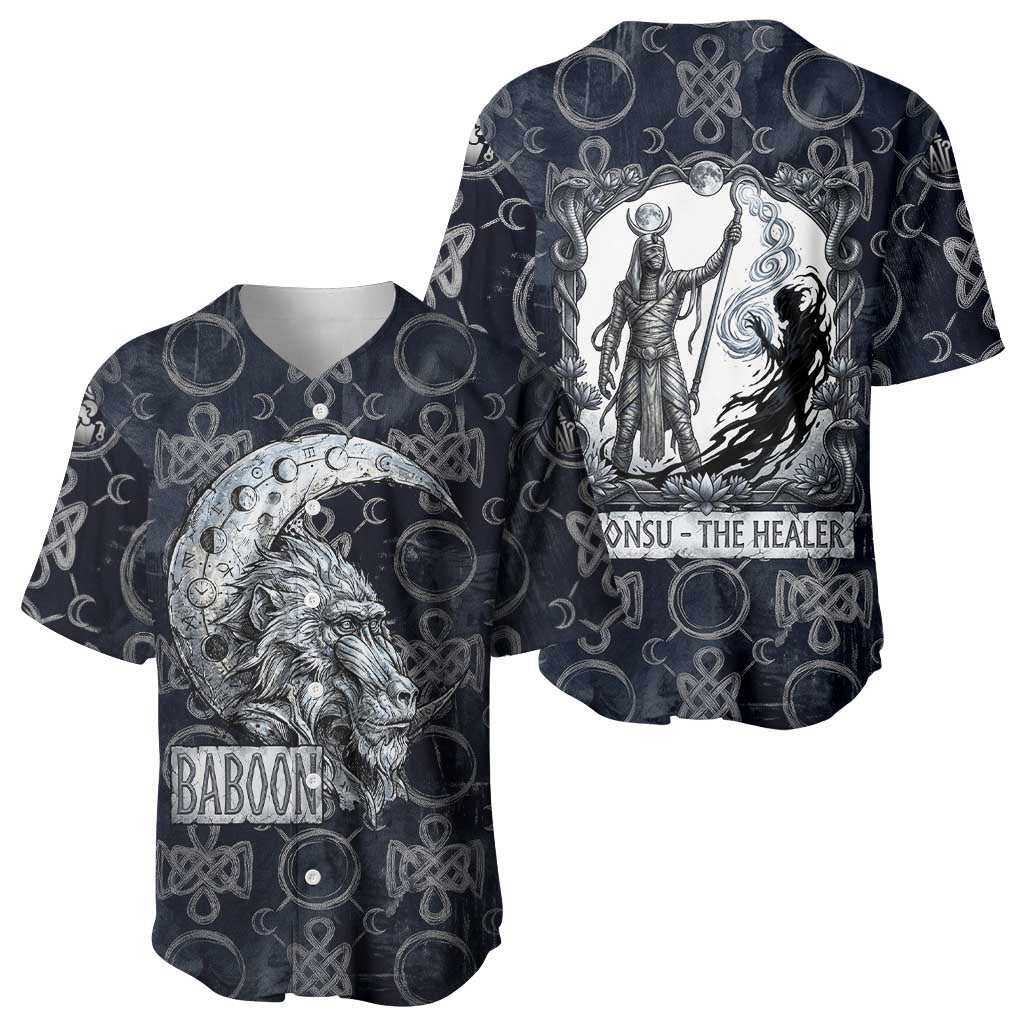 Khonsu Ancient Egyptian Baseball Jersey with Dark Celtic Knot Pattern, Baboon Guardian Symbol, and Moon Healer Motif - Wonder Print Shop