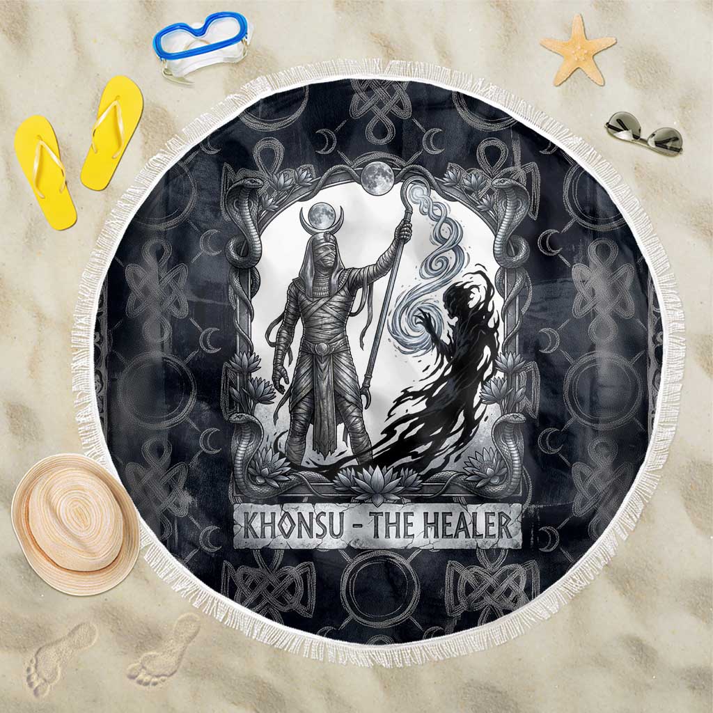 Khonsu Ancient Egyptian Beach Blanket with Dark Celtic Knot Pattern, Baboon Guardian Symbol, and Moon Healer Motif - Wonder Print Shop
