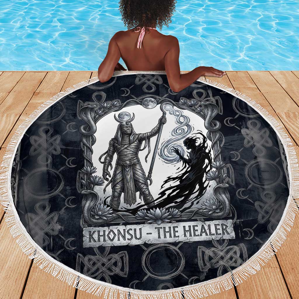Khonsu Ancient Egyptian Beach Blanket with Dark Celtic Knot Pattern, Baboon Guardian Symbol, and Moon Healer Motif - Wonder Print Shop