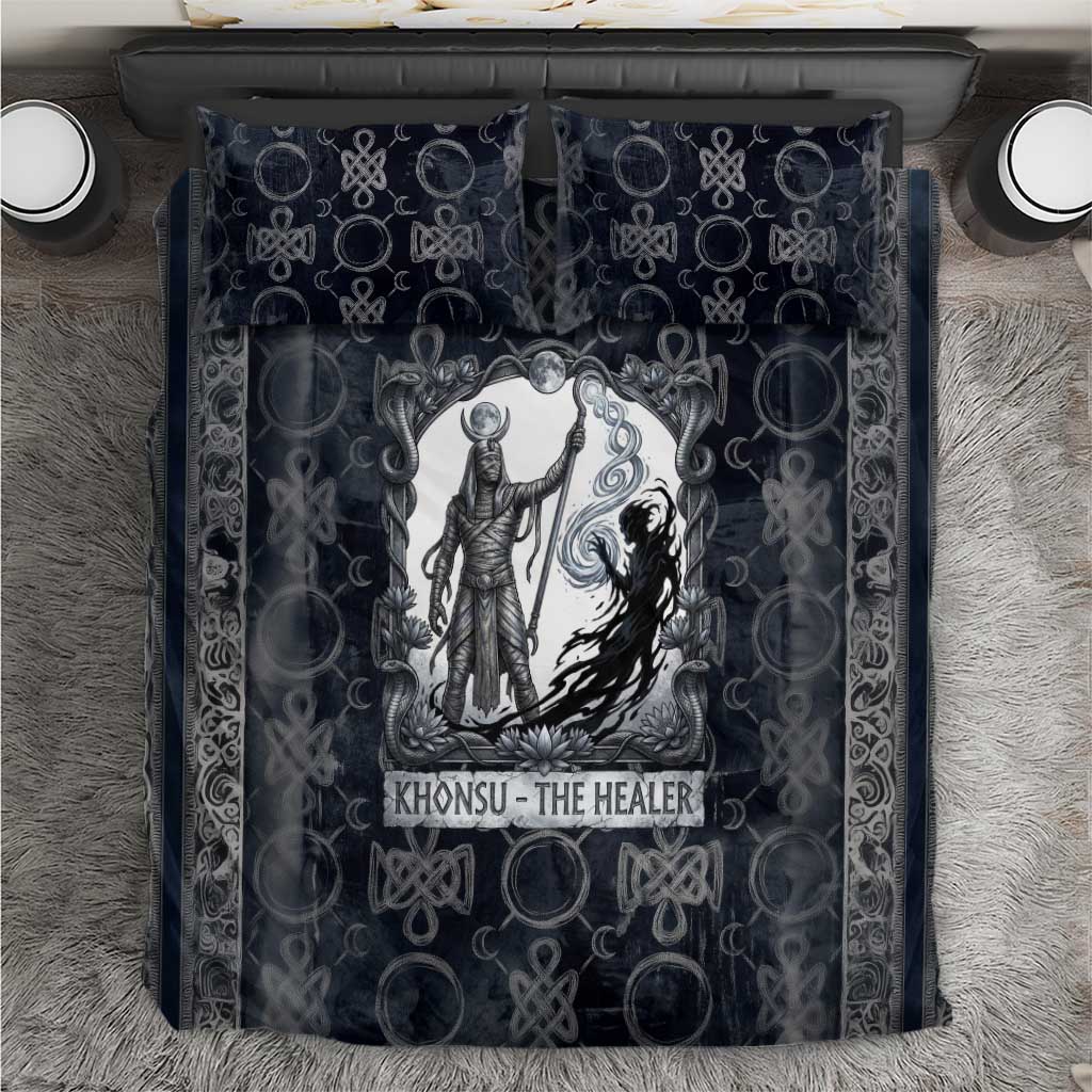 Khonsu Ancient Egyptian Bedding Set with Dark Celtic Knot Pattern, Baboon Guardian Symbol, and Moon Healer Motif - Wonder Print Shop