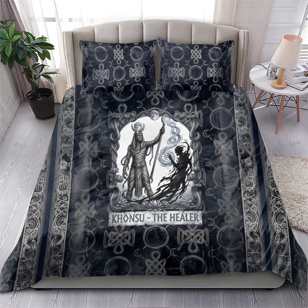 Khonsu Ancient Egyptian Bedding Set with Dark Celtic Knot Pattern, Baboon Guardian Symbol, and Moon Healer Motif - Wonder Print Shop