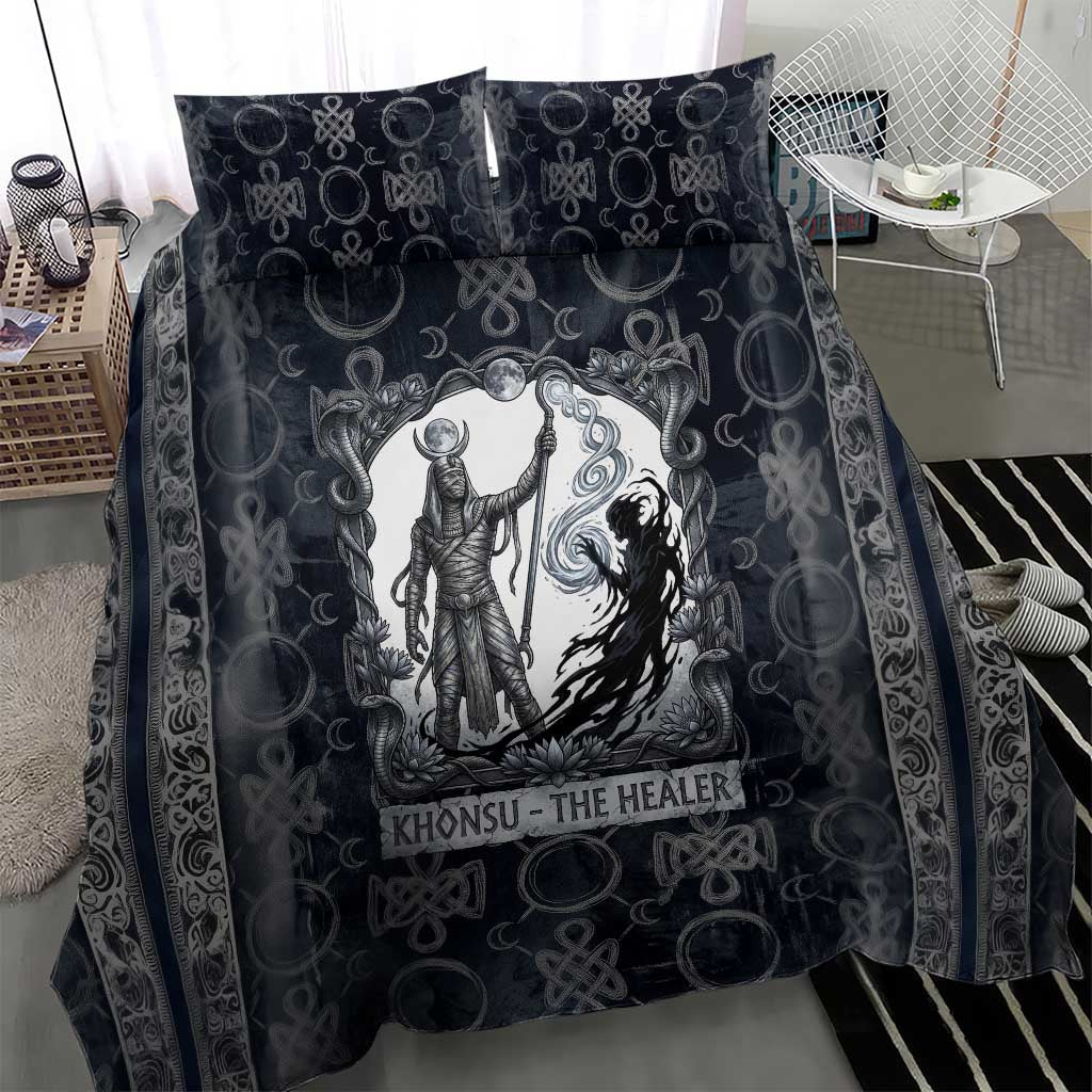 Khonsu Ancient Egyptian Bedding Set with Dark Celtic Knot Pattern, Baboon Guardian Symbol, and Moon Healer Motif - Wonder Print Shop