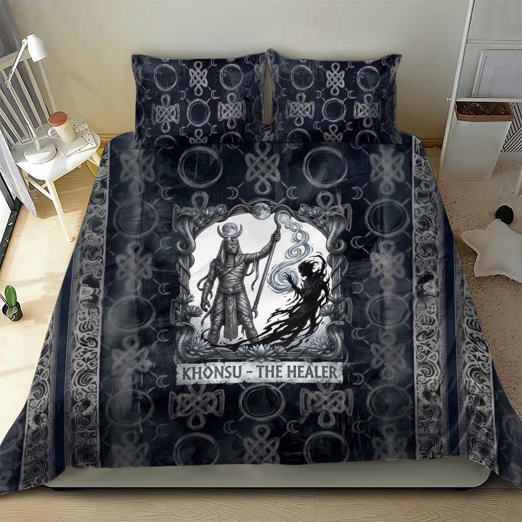 Khonsu Ancient Egyptian Bedding Set with Dark Celtic Knot Pattern, Baboon Guardian Symbol, and Moon Healer Motif - Wonder Print Shop