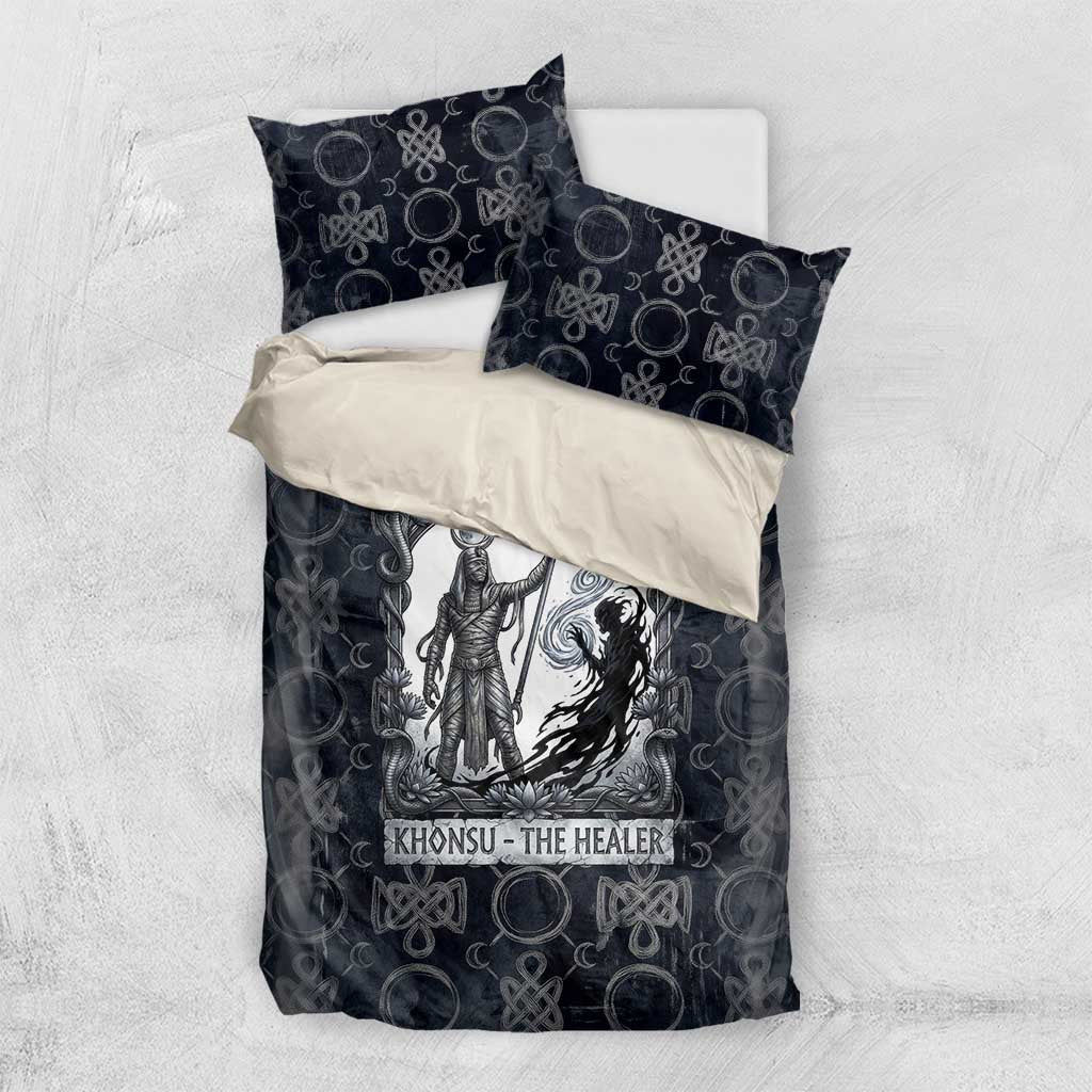 Khonsu Ancient Egyptian Bedding Set with Dark Celtic Knot Pattern, Baboon Guardian Symbol, and Moon Healer Motif - Wonder Print Shop