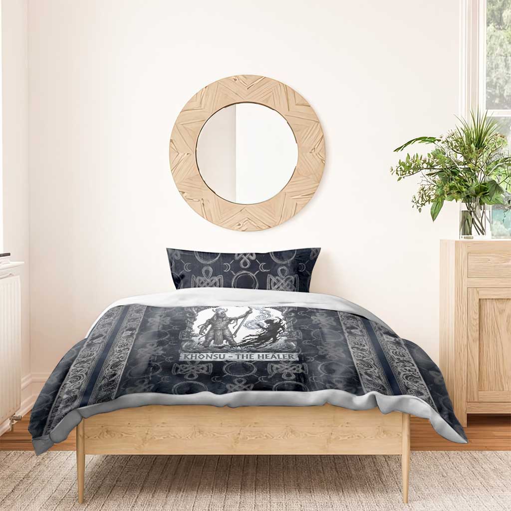 Khonsu Ancient Egyptian Bedding Set with Dark Celtic Knot Pattern, Baboon Guardian Symbol, and Moon Healer Motif - Wonder Print Shop