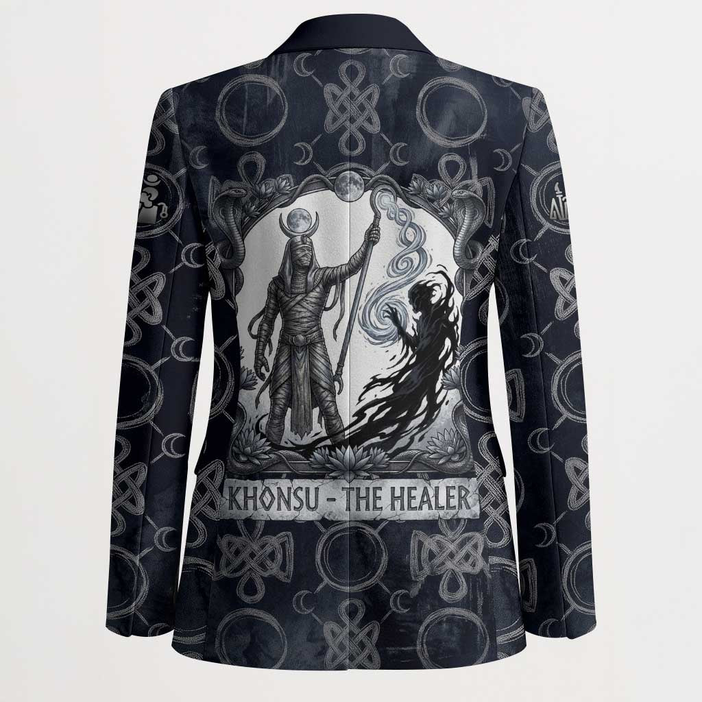 Khonsu Ancient Egyptian Blazer with Dark Celtic Knot Pattern, Baboon Guardian Symbol, and Moon Healer Motif - Wonder Print Shop