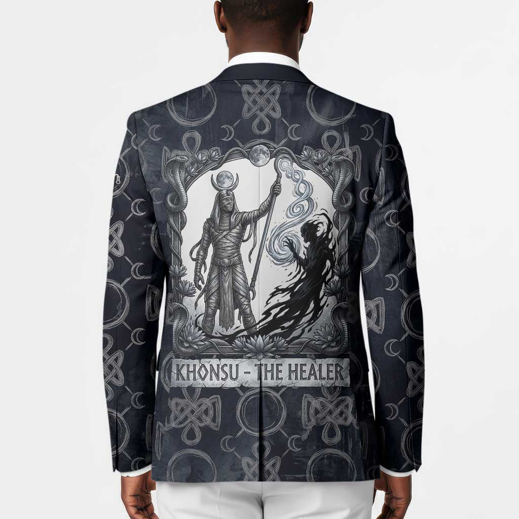 Khonsu Ancient Egyptian Blazer with Dark Celtic Knot Pattern, Baboon Guardian Symbol, and Moon Healer Motif - Wonder Print Shop