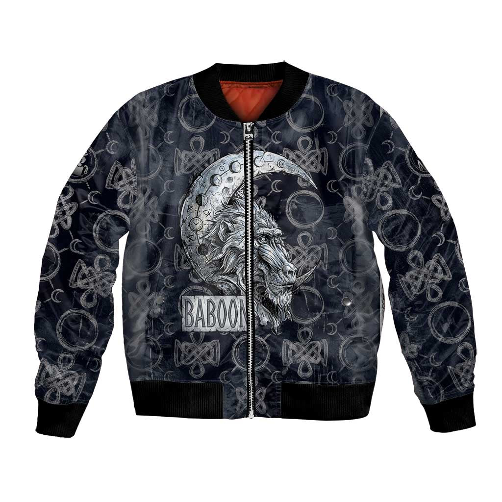 Khonsu Ancient Egyptian Bomber Jacket with Dark Celtic Knot Pattern, Baboon Guardian Symbol, and Moon Healer Motif - Wonder Print Shop