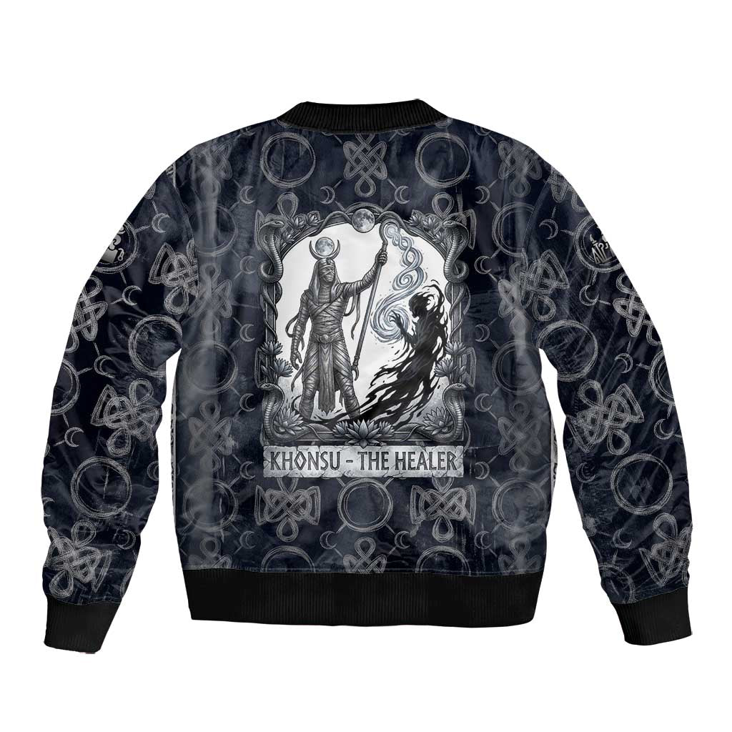Khonsu Ancient Egyptian Bomber Jacket with Dark Celtic Knot Pattern, Baboon Guardian Symbol, and Moon Healer Motif - Wonder Print Shop