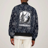 Khonsu Ancient Egyptian Bomber Jacket with Dark Celtic Knot Pattern, Baboon Guardian Symbol, and Moon Healer Motif - Wonder Print Shop