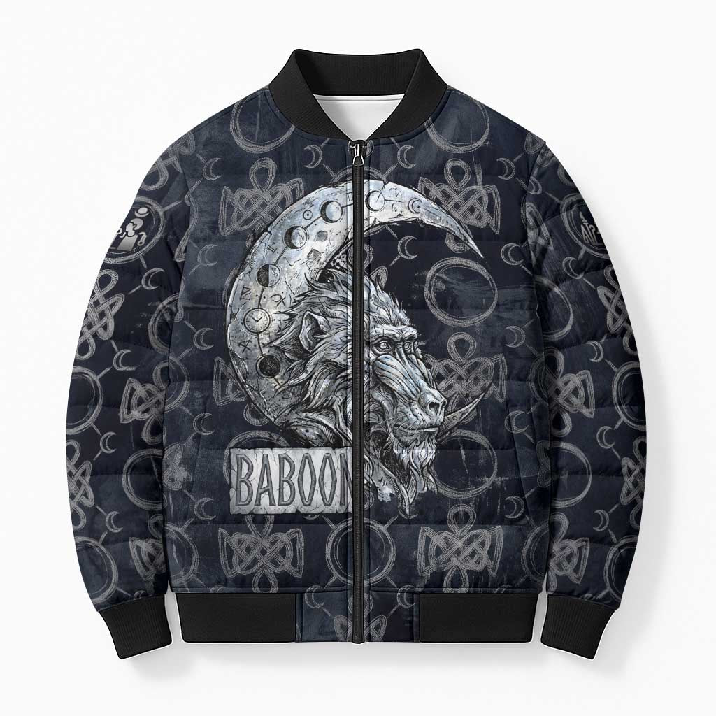Khonsu Ancient Egyptian Bomber Puffer Jacket with Dark Celtic Knot Pattern, Baboon Guardian Symbol, and Moon Healer Motif - Wonder Print Shop