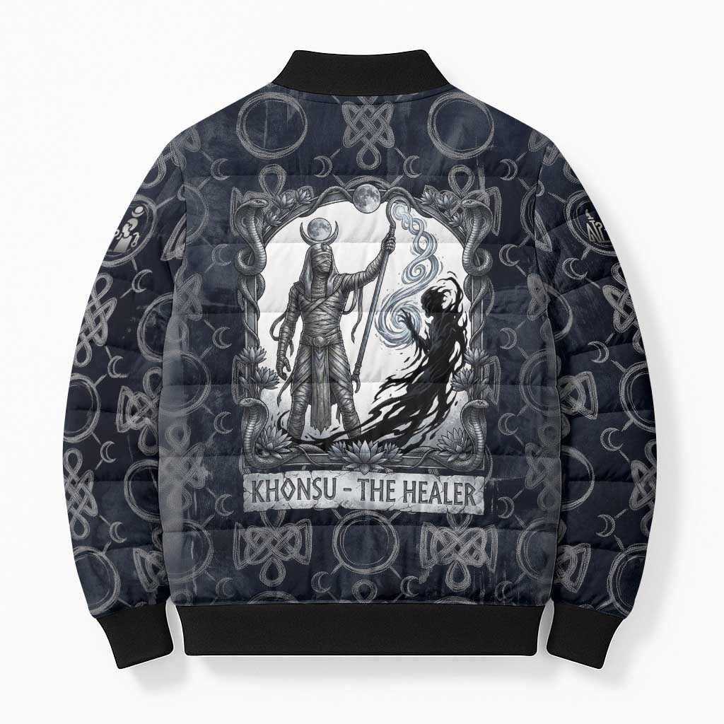 Khonsu Ancient Egyptian Bomber Puffer Jacket with Dark Celtic Knot Pattern, Baboon Guardian Symbol, and Moon Healer Motif - Wonder Print Shop