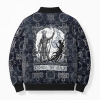 Khonsu Ancient Egyptian Bomber Puffer Jacket with Dark Celtic Knot Pattern, Baboon Guardian Symbol, and Moon Healer Motif - Wonder Print Shop