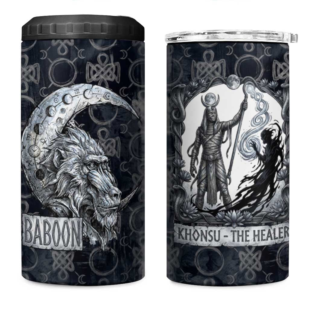 Khonsu Ancient Egyptian 4 in 1 Can Cooler Tumbler with Dark Celtic Knot Pattern, Baboon Guardian Symbol, and Moon Healer Motif - Wonder Print Shop