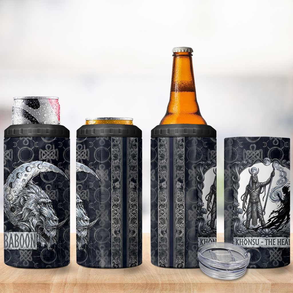 Khonsu Ancient Egyptian 4 in 1 Can Cooler Tumbler with Dark Celtic Knot Pattern, Baboon Guardian Symbol, and Moon Healer Motif - Wonder Print Shop
