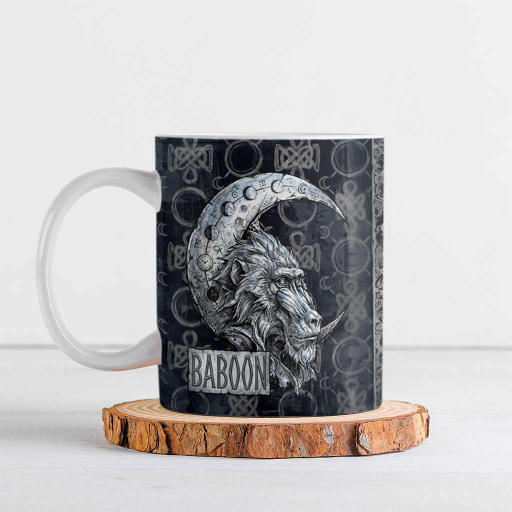 Khonsu Ancient Egyptian Ceramic Mug with Dark Celtic Knot Pattern, Baboon Guardian Symbol, and Moon Healer Motif - Wonder Print Shop