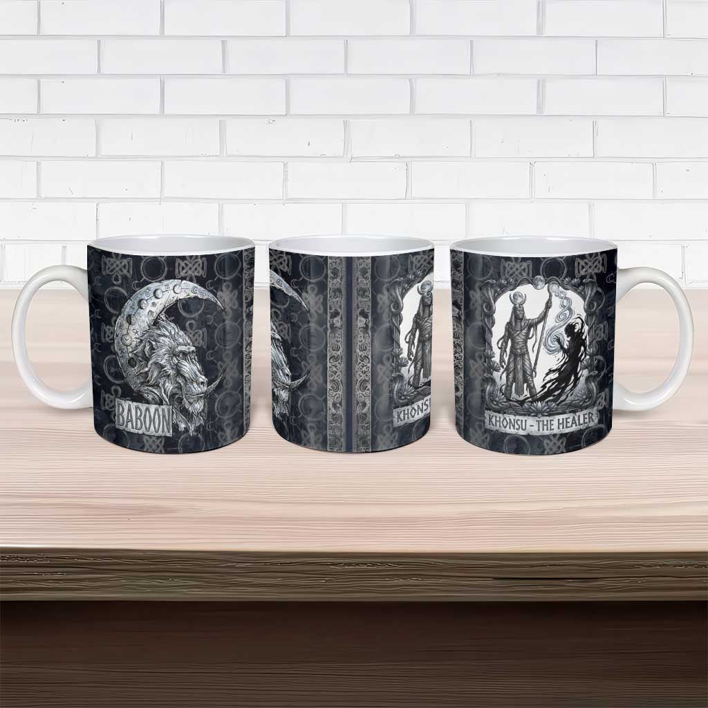 Khonsu Ancient Egyptian Ceramic Mug with Dark Celtic Knot Pattern, Baboon Guardian Symbol, and Moon Healer Motif - Wonder Print Shop