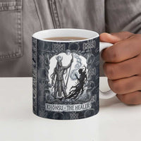Khonsu Ancient Egyptian Ceramic Mug with Dark Celtic Knot Pattern, Baboon Guardian Symbol, and Moon Healer Motif - Wonder Print Shop