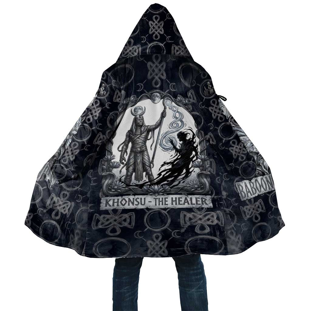 Khonsu Ancient Egyptian Cloak with Dark Celtic Knot Pattern, Baboon Guardian Symbol, and Moon Healer Motif - Wonder Print Shop