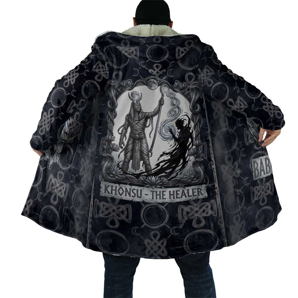 Khonsu Ancient Egyptian Cloak with Dark Celtic Knot Pattern, Baboon Guardian Symbol, and Moon Healer Motif - Wonder Print Shop