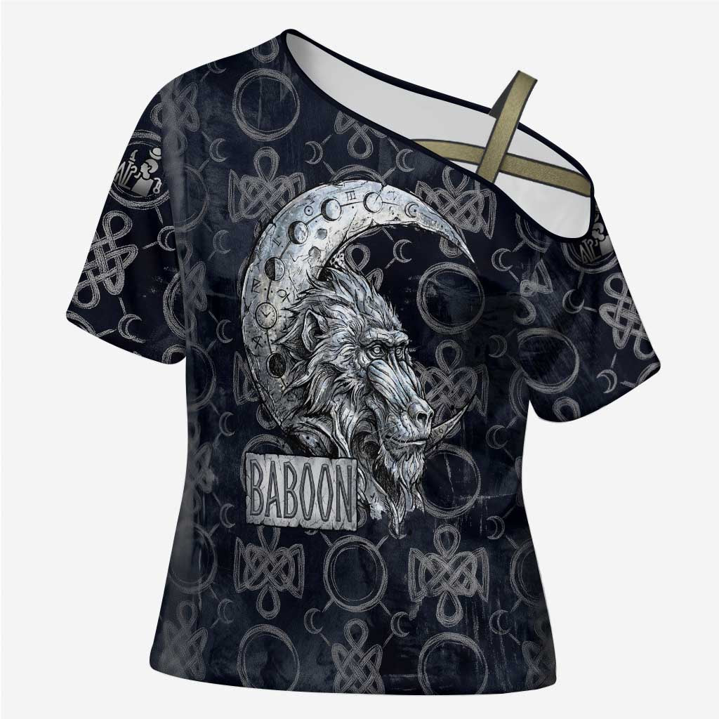 Khonsu Ancient Egyptian Cross Shoulder Shirt with Dark Celtic Knot Pattern, Baboon Guardian Symbol, and Moon Healer Motif - Wonder Print Shop