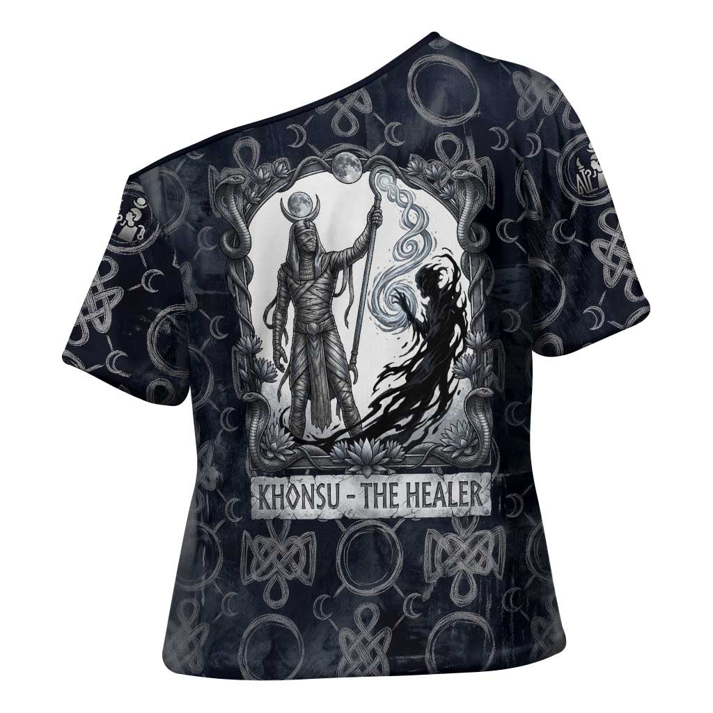 Khonsu Ancient Egyptian Cross Shoulder Shirt with Dark Celtic Knot Pattern, Baboon Guardian Symbol, and Moon Healer Motif - Wonder Print Shop