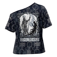 Khonsu Ancient Egyptian Cross Shoulder Shirt with Dark Celtic Knot Pattern, Baboon Guardian Symbol, and Moon Healer Motif - Wonder Print Shop