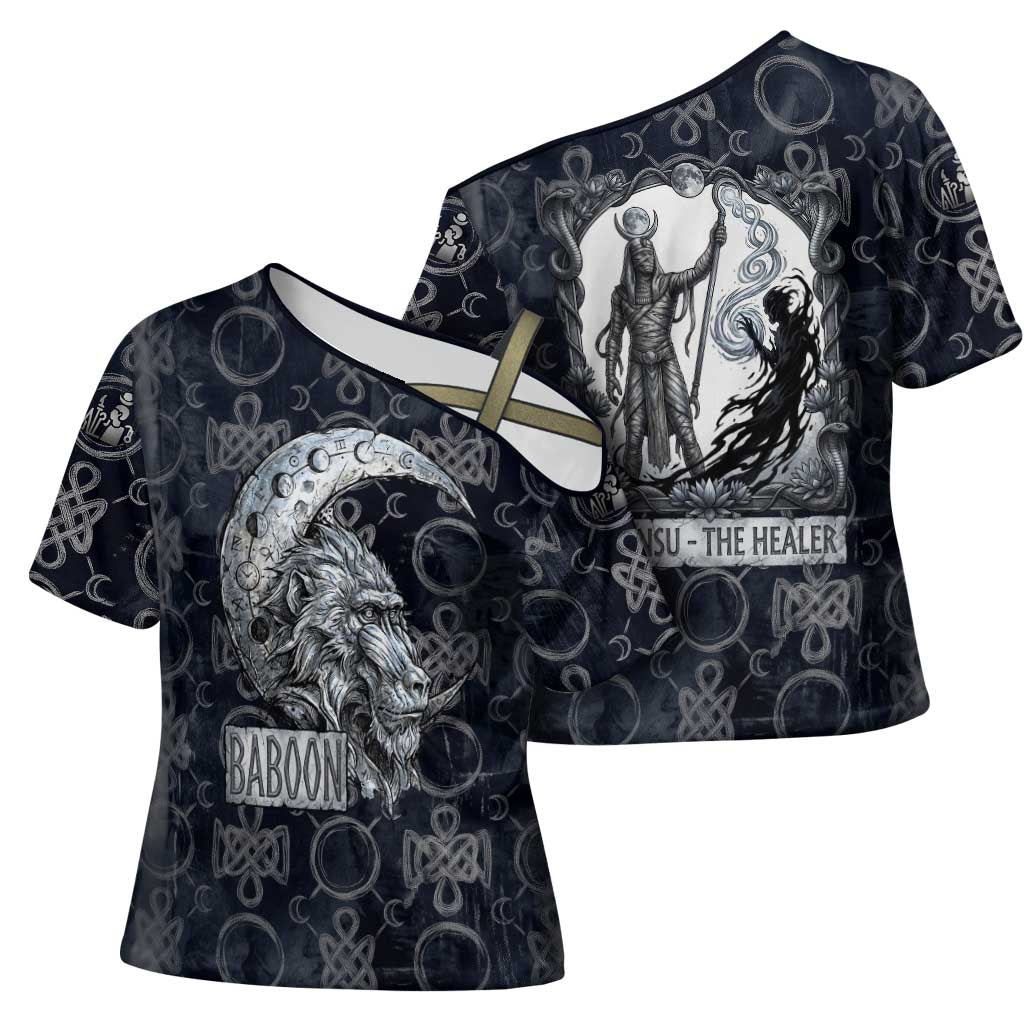 Khonsu Ancient Egyptian Cross Shoulder Shirt with Dark Celtic Knot Pattern, Baboon Guardian Symbol, and Moon Healer Motif - Wonder Print Shop