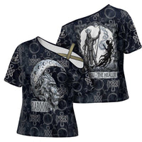 Khonsu Ancient Egyptian Cross Shoulder Shirt with Dark Celtic Knot Pattern, Baboon Guardian Symbol, and Moon Healer Motif - Wonder Print Shop