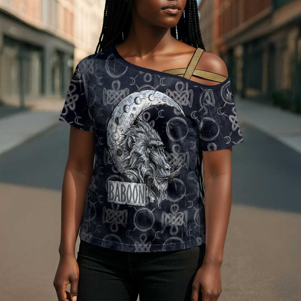 Khonsu Ancient Egyptian Cross Shoulder Shirt with Dark Celtic Knot Pattern, Baboon Guardian Symbol, and Moon Healer Motif - Wonder Print Shop