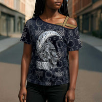 Khonsu Ancient Egyptian Cross Shoulder Shirt with Dark Celtic Knot Pattern, Baboon Guardian Symbol, and Moon Healer Motif - Wonder Print Shop