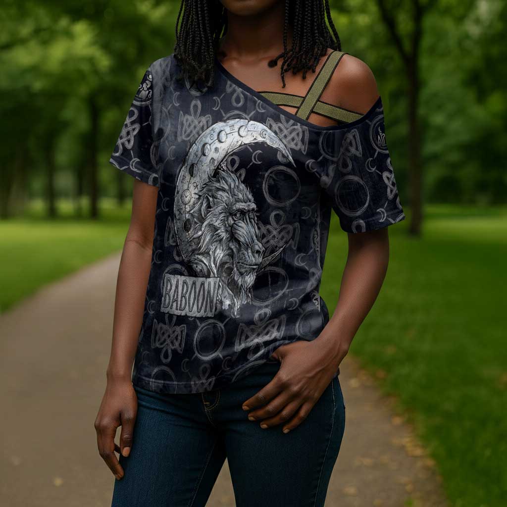 Khonsu Ancient Egyptian Cross Shoulder Shirt with Dark Celtic Knot Pattern, Baboon Guardian Symbol, and Moon Healer Motif - Wonder Print Shop