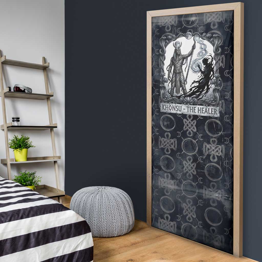 Khonsu Ancient Egyptian Door Cover with Dark Celtic Knot Pattern, Baboon Guardian Symbol, and Moon Healer Motif - Wonder Print Shop