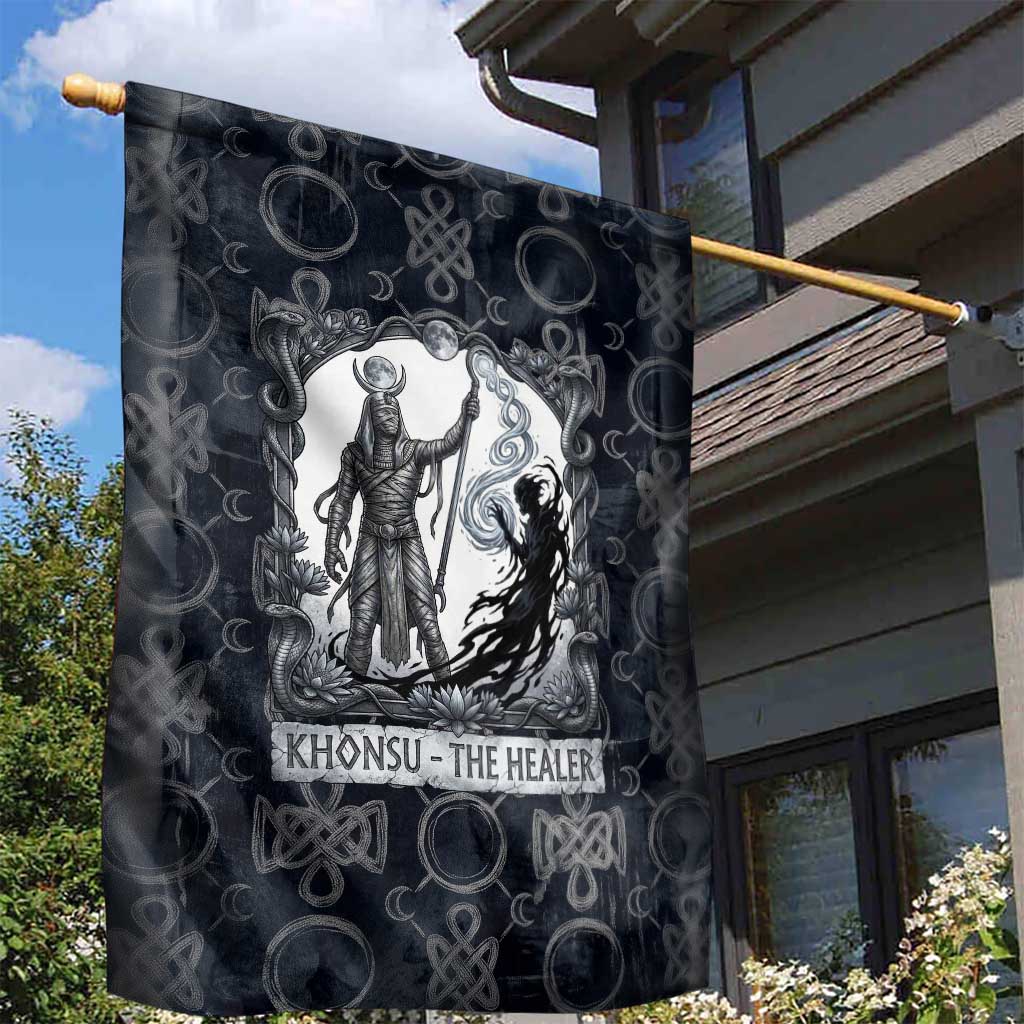 Khonsu Ancient Egyptian Garden Flag with Dark Celtic Knot Pattern, Baboon Guardian Symbol, and Moon Healer Motif - Wonder Print Shop