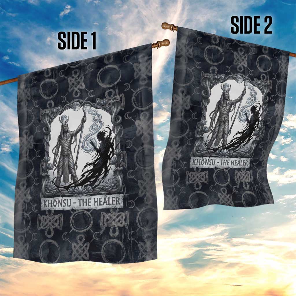Khonsu Ancient Egyptian Garden Flag with Dark Celtic Knot Pattern, Baboon Guardian Symbol, and Moon Healer Motif - Wonder Print Shop