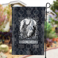 Khonsu Ancient Egyptian Garden Flag with Dark Celtic Knot Pattern, Baboon Guardian Symbol, and Moon Healer Motif - Wonder Print Shop