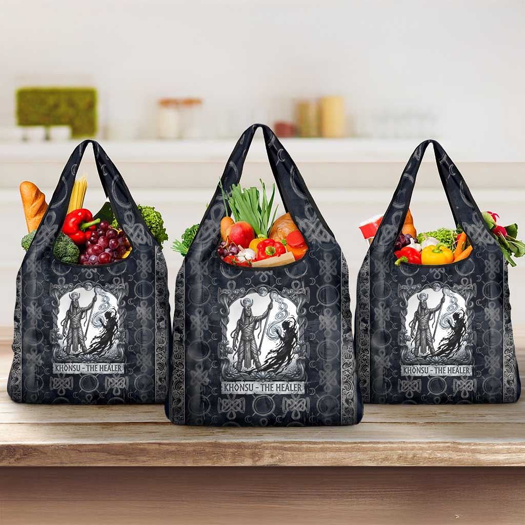 Khonsu Ancient Egyptian Grocery Bag with Dark Celtic Knot Pattern, Baboon Guardian Symbol, and Moon Healer Motif - Wonder Print Shop