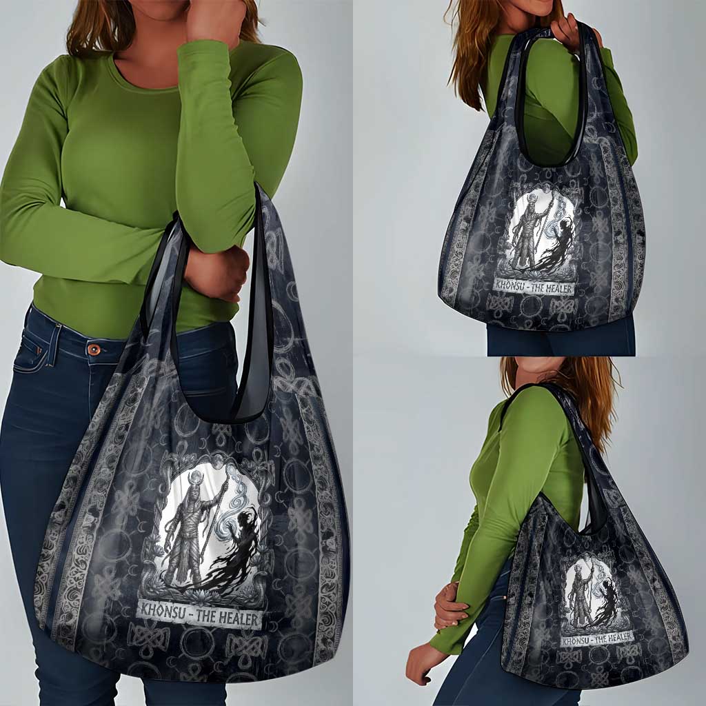 Khonsu Ancient Egyptian Grocery Bag with Dark Celtic Knot Pattern, Baboon Guardian Symbol, and Moon Healer Motif - Wonder Print Shop