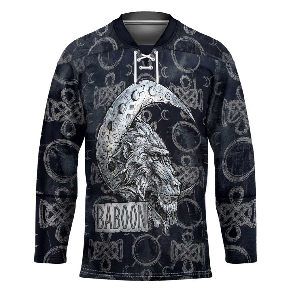 Khonsu Ancient Egyptian Hockey Jersey with Dark Celtic Knot Pattern, Baboon Guardian Symbol, and Moon Healer Motif - Wonder Print Shop