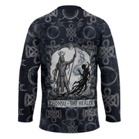 Khonsu Ancient Egyptian Hockey Jersey with Dark Celtic Knot Pattern, Baboon Guardian Symbol, and Moon Healer Motif - Wonder Print Shop