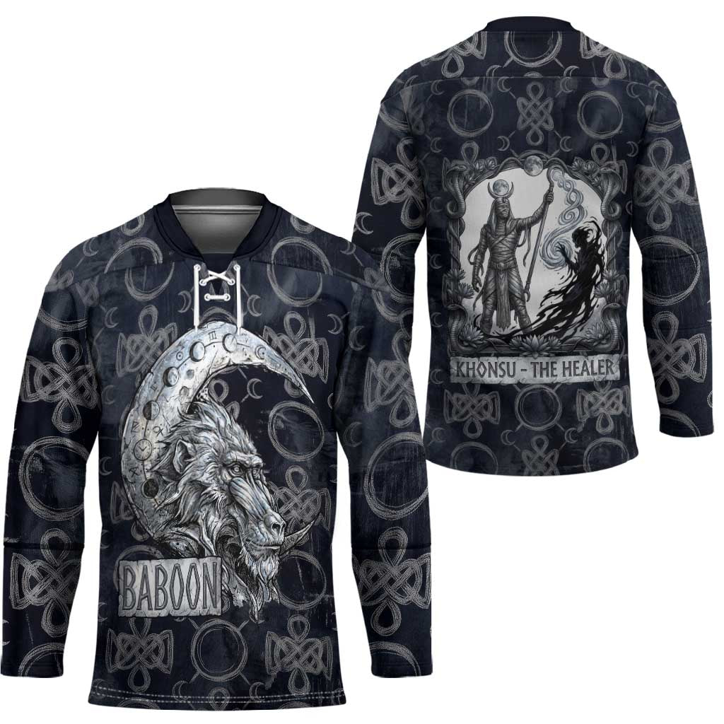 Khonsu Ancient Egyptian Hockey Jersey with Dark Celtic Knot Pattern, Baboon Guardian Symbol, and Moon Healer Motif - Wonder Print Shop