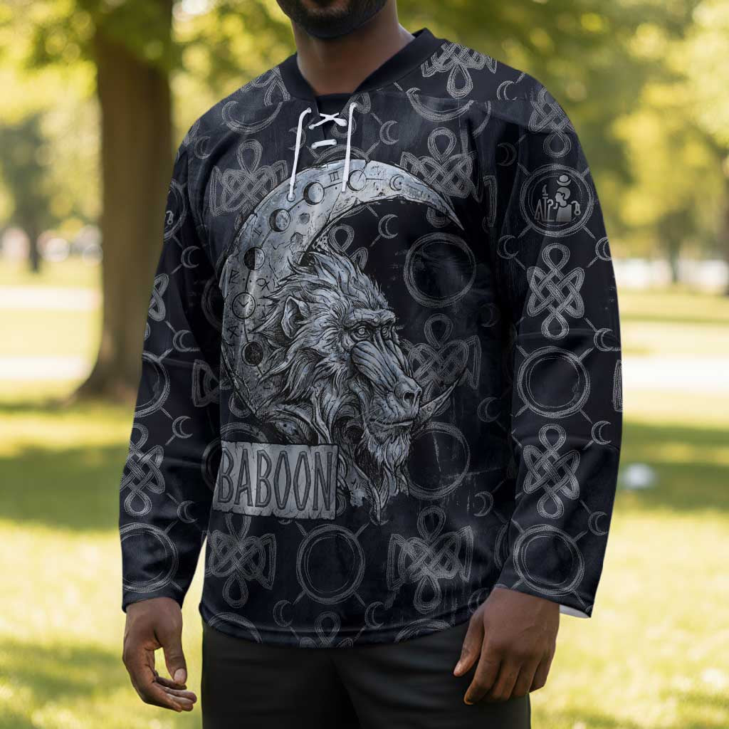 Khonsu Ancient Egyptian Hockey Jersey with Dark Celtic Knot Pattern, Baboon Guardian Symbol, and Moon Healer Motif - Wonder Print Shop