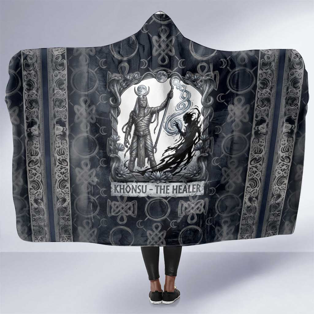Khonsu Ancient Egyptian Hooded Blanket with Dark Celtic Knot Pattern, Baboon Guardian Symbol, and Moon Healer Motif - Wonder Print Shop