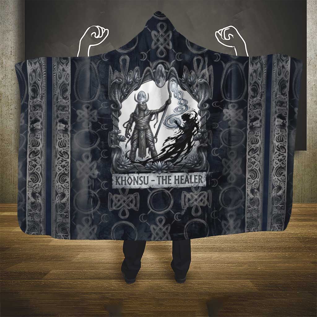 Khonsu Ancient Egyptian Hooded Blanket with Dark Celtic Knot Pattern, Baboon Guardian Symbol, and Moon Healer Motif - Wonder Print Shop
