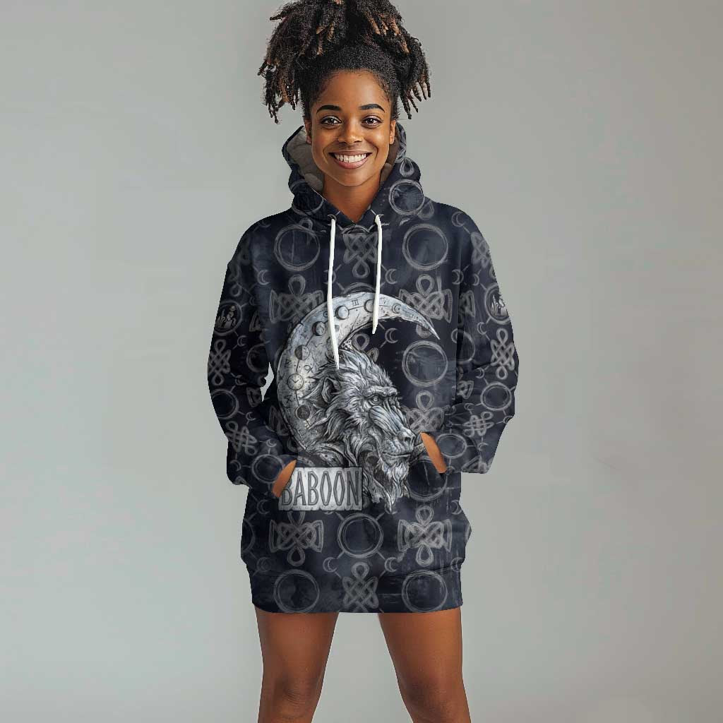Khonsu Ancient Egyptian Hoodie Dress with Dark Celtic Knot Pattern, Baboon Guardian Symbol, and Moon Healer Motif - Wonder Print Shop