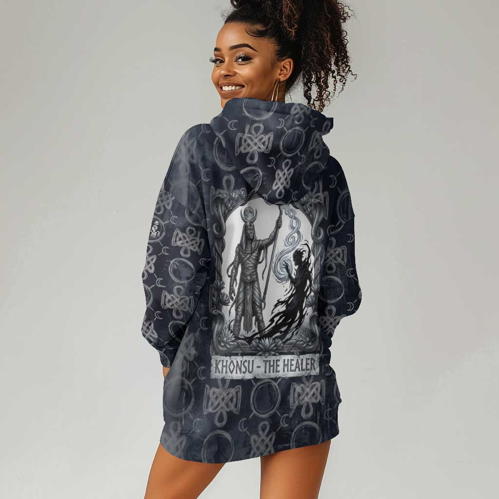 Khonsu Ancient Egyptian Hoodie Dress with Dark Celtic Knot Pattern, Baboon Guardian Symbol, and Moon Healer Motif - Wonder Print Shop
