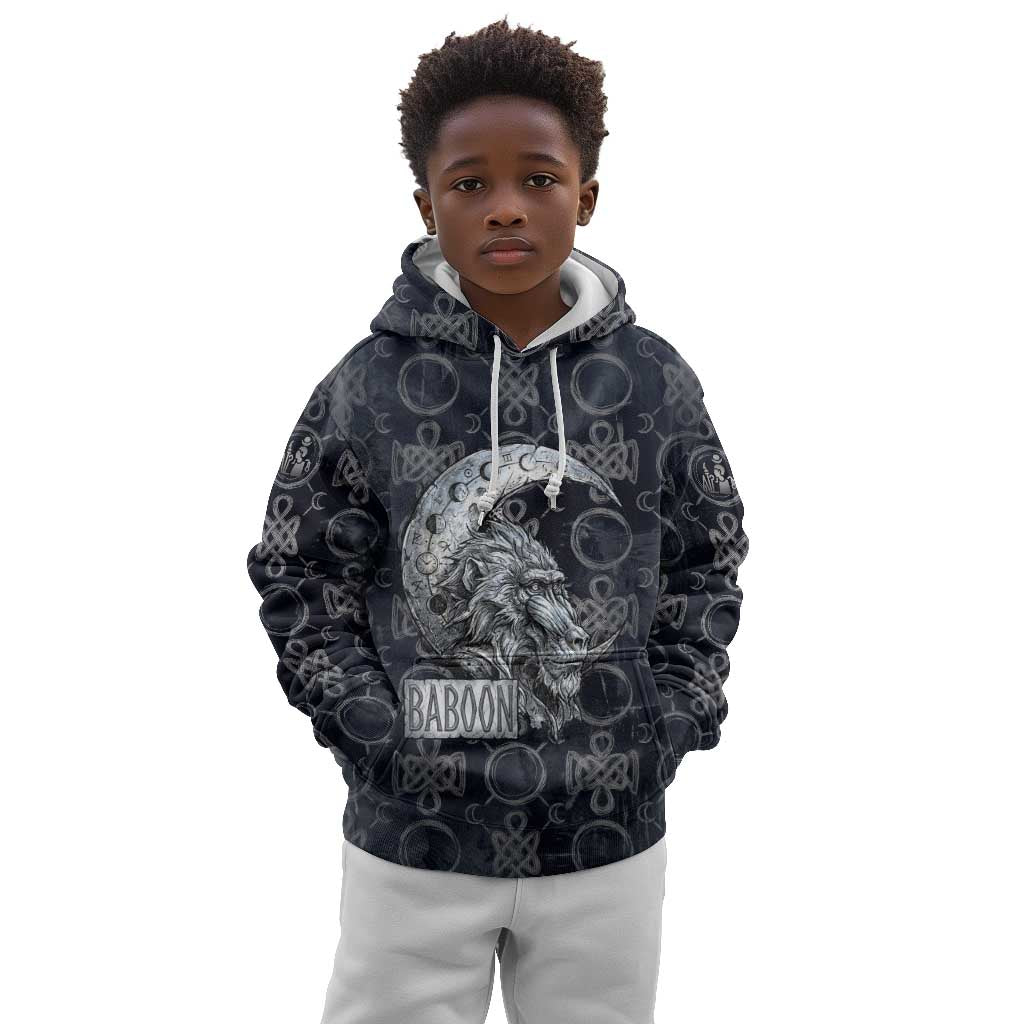 Khonsu Ancient Egyptian Kid Hoodie with Dark Celtic Knot Pattern, Baboon Guardian Symbol, and Moon Healer Motif - Wonder Print Shop